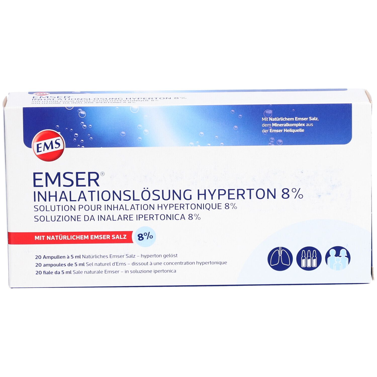 Karton mit Emser Inhalationslösung hyperton 8%. Enthält 20 Ampullen. Aufdrucke in Deutsch, Französisch und Italienisch.