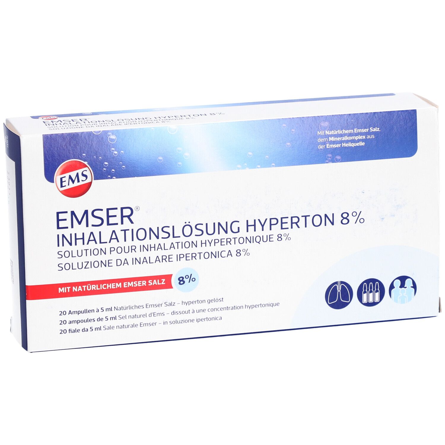 Karton mit Emser Inhalationslösung hyperton 8%. Enthält 20 Ampullen. Aufdrucke in Deutsch, Französisch und Italienisch.