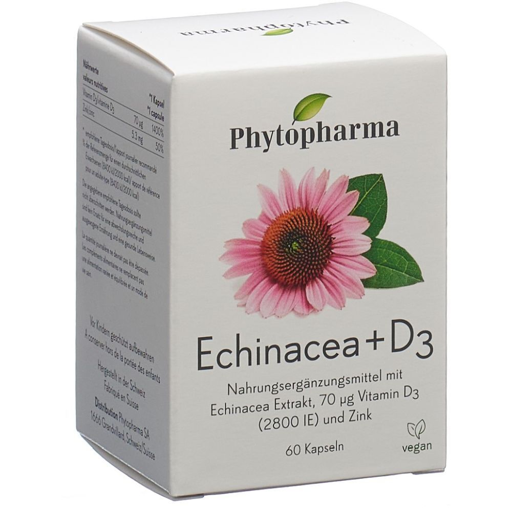 Weiße Schachtel mit Produktnamen und Abbildung einer Blüte. Text: Echinacea + D3, 60 Kapseln, vegan.