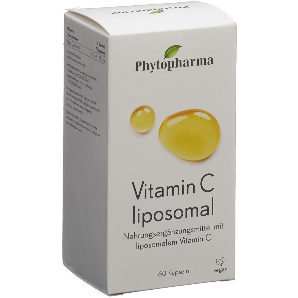 Boîte blanche avec impression du produit. Inscription : Phytopharma, Vitamine C liposomale. 60 gélules. Vegan.