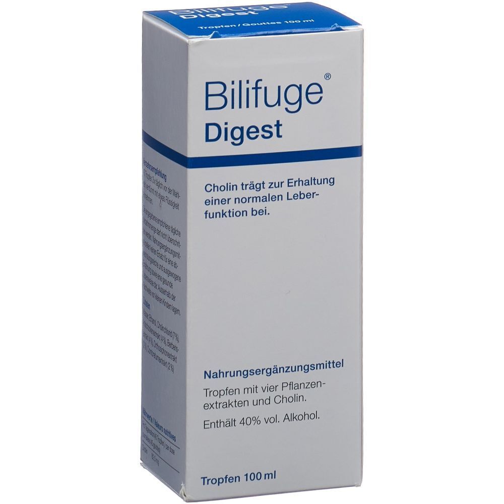 Karton mit BILIFUGE® Digest. Blaue und weiße Verpackung. Text: Cholin für die Leberfunktion. Nahrungsergänzungsmittel.