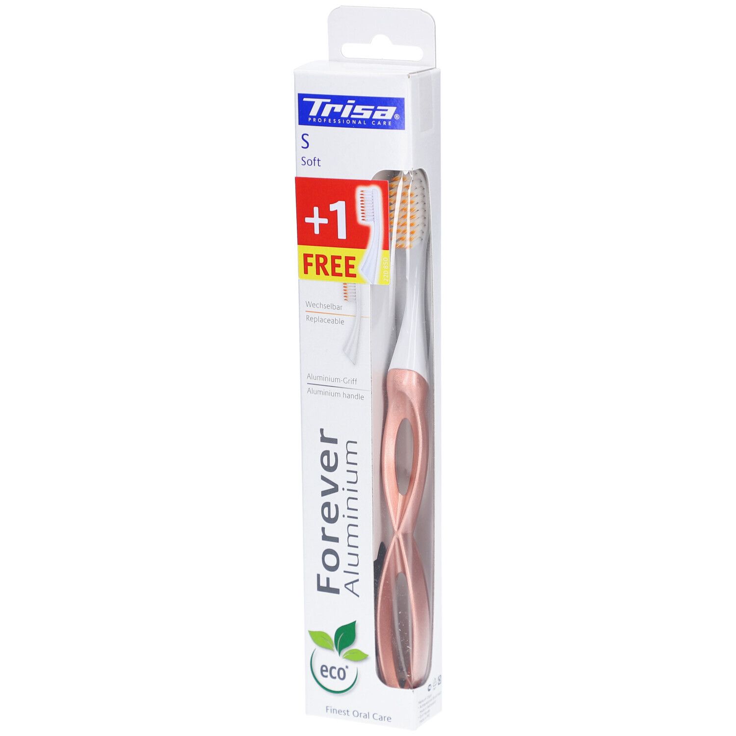 Brosse à dents Trisa Forever Aluminium, manche rose, dans une boîte. Avec tête de rechange. Inscription : +1 GRATUIT.