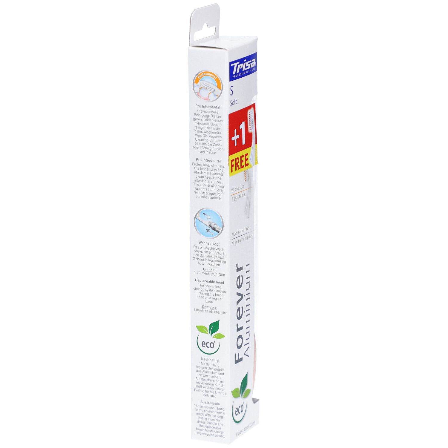 Emballage de la brosse à dents Trisa Forever Aluminium. Vue latérale avec informations sur le produit et logo.