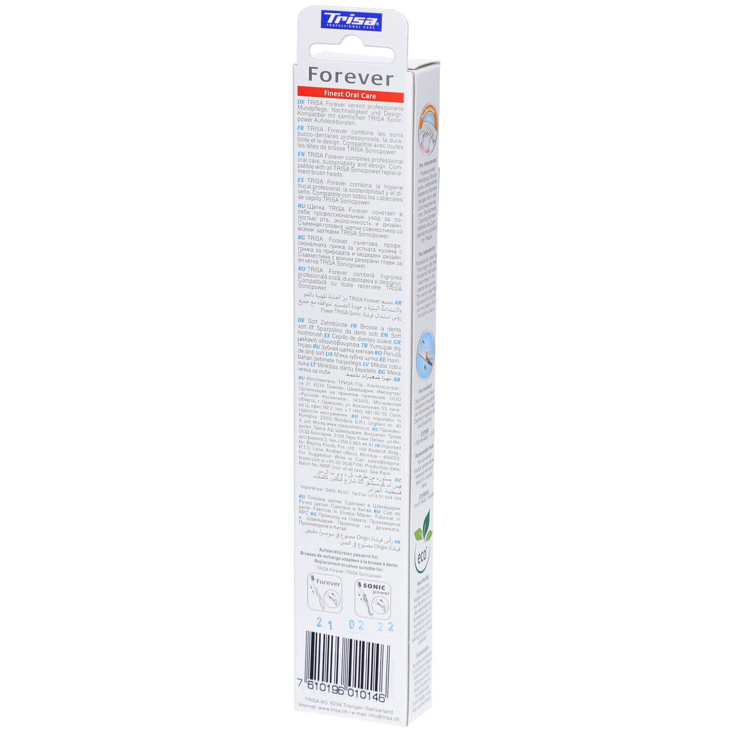 Dos de l'emballage de la brosse à dents Trisa Forever Aluminium. Texte en plusieurs langues, code-barres.