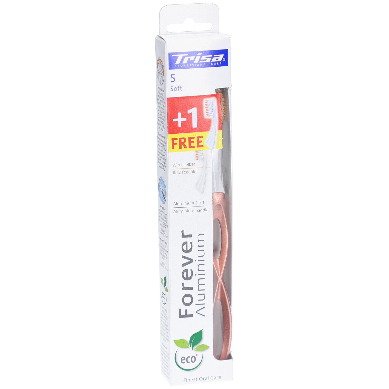 Brosse à dents Trisa Forever Aluminium, manche rose, dans une boîte. Avec tête de rechange. Inscription : +1 GRATUIT.