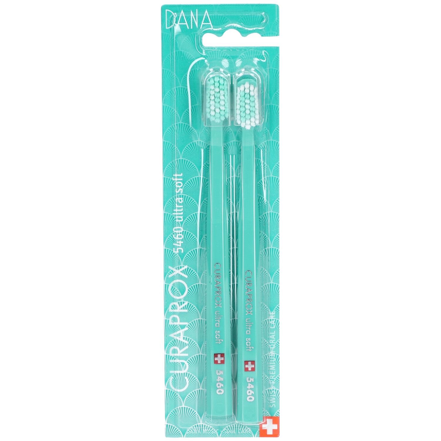 Deux brosses à dents dans un emballage vert menthe. CURAPROX 5460 ultra soft, croix suisse. Duo Edition.