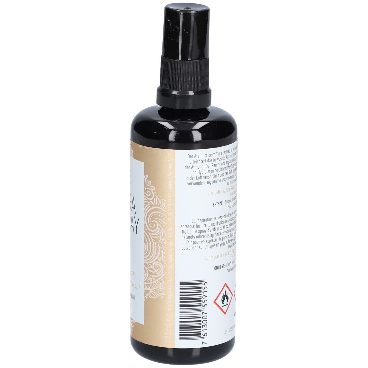 Braune Glasflasche mit schwarzem Sprühkopf. Etikett mit Text und Warnsymbolen. Rückansicht des Produkts.