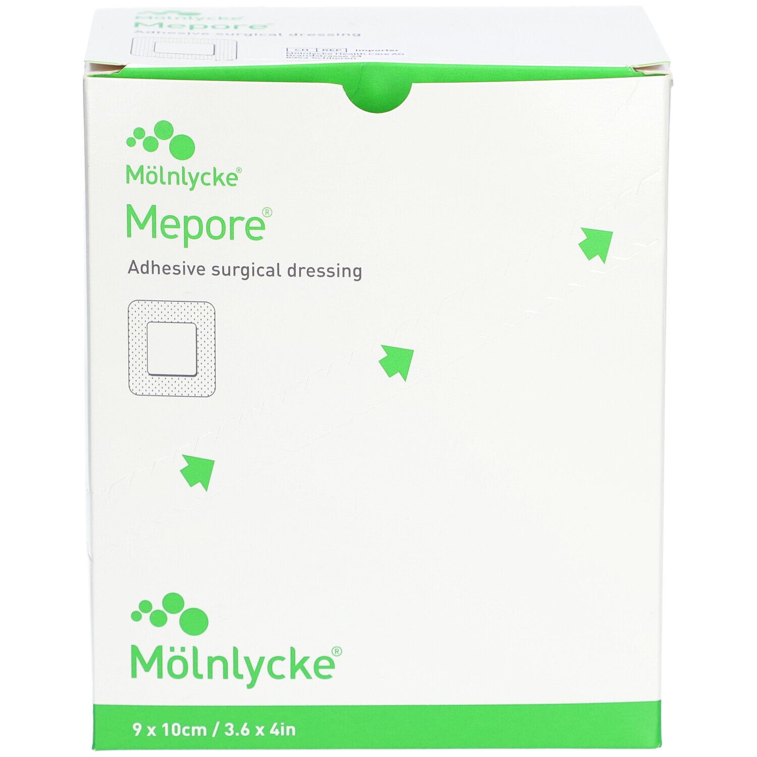 Boîte blanche avec logo vert et nom du produit Mepore. Taille : 9 x 10 cm / 3.6 x 4in.