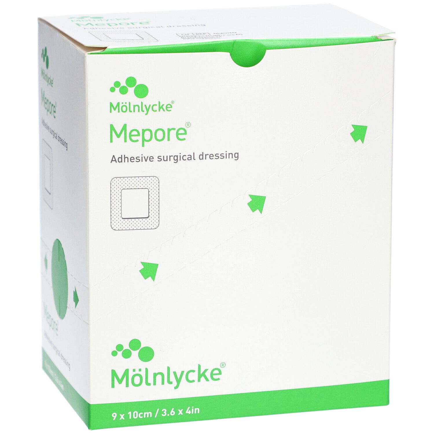 Boîte blanche avec logo vert et nom du produit Mepore. Taille : 9 x 10 cm / 3.6 x 4in.
