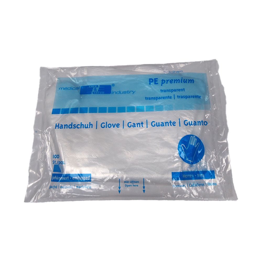 Transparente Plastikhandschuhe in Folienverpackung. Aufdrucke: Handschuh, Glove, Gant, Guante, Guanto. Marke: medical industry.