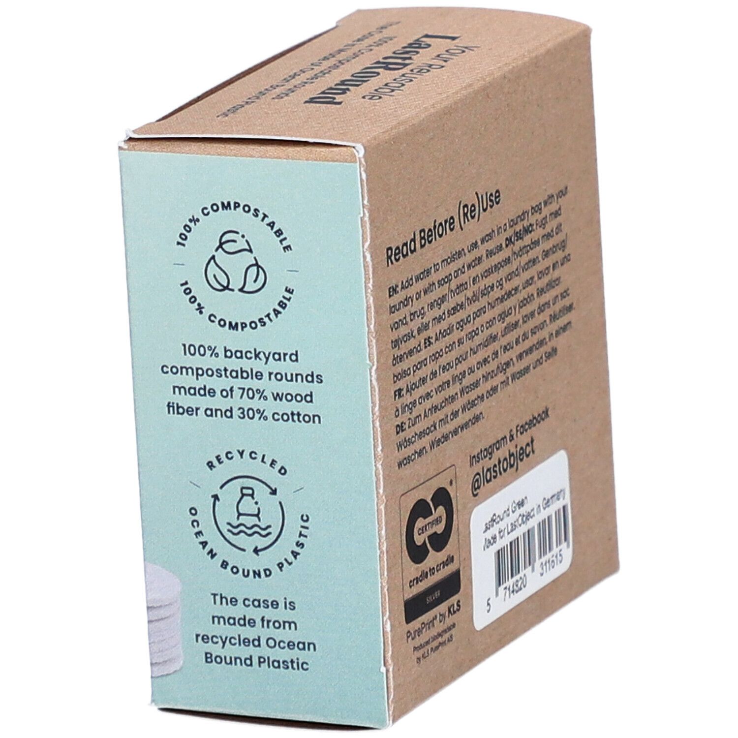 Boîte avec textes. Texte: 100% compostable. Recyclé Ocean Bound Plastic. Fabriqué en Allemagne.