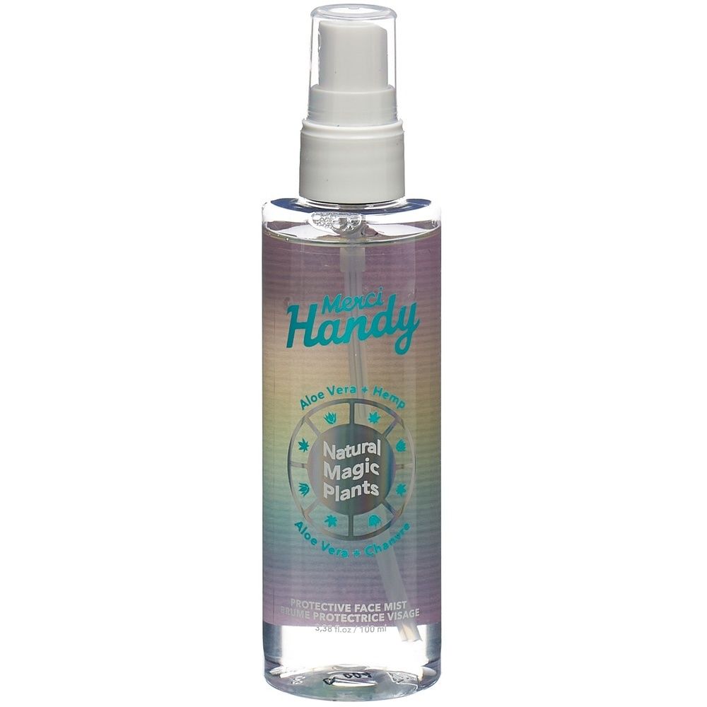 Flacon pulvérisateur transparent avec tête blanche. Inscription : "Meine Handy", "Aloe Vera + Hemp", "Natural Magic Plants".