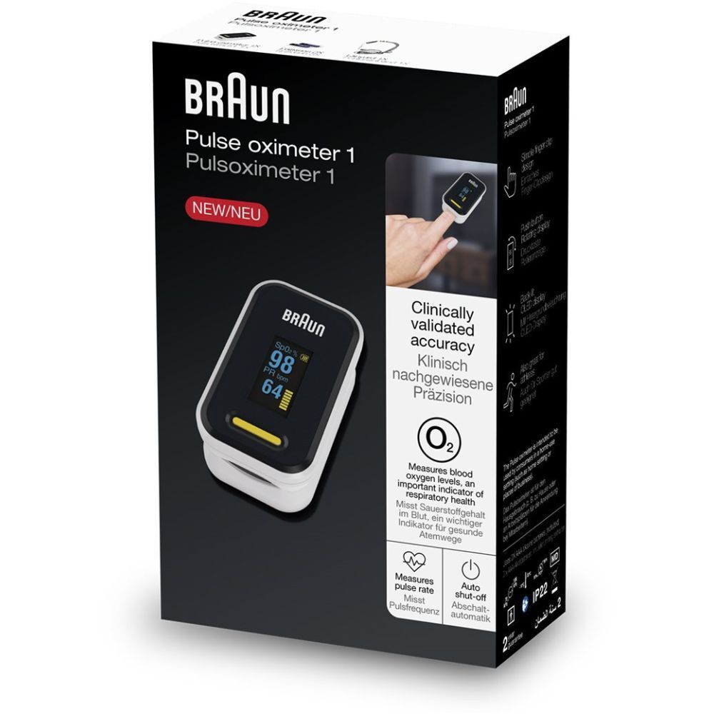 BRAUN Pulsoximeter 1. Schwarze Verpackung mit Produktbild und Text. Zeigt das Gerät und Informationen zur Sauerstoffsättigung.