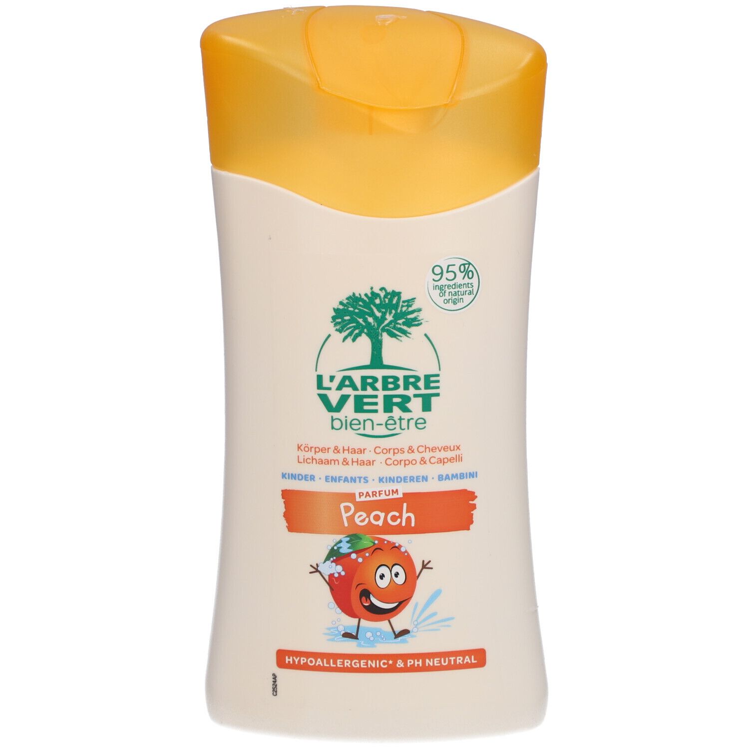 Flacon de L'ARBRE VERT Öko Shampoo & Dusche Kinder Pfirsich. Bouchon jaune, étiquette blanche avec logo, texte et illustration de pêche.
