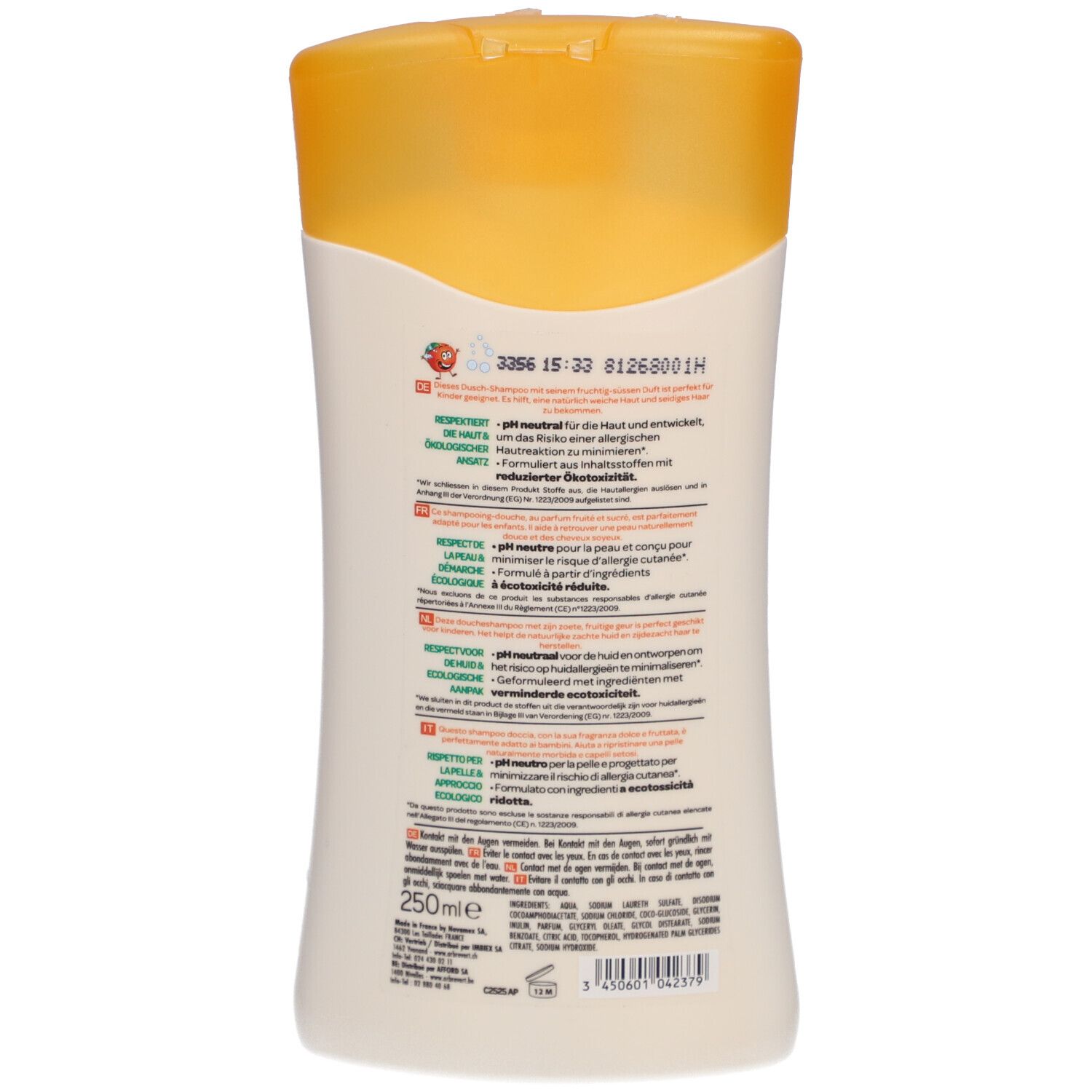 Dos du flacon L'ARBRE VERT Öko Shampoo & Dusche Kinder Pfirsich. Texte multilingue, logo pH neutre, ingrédients.