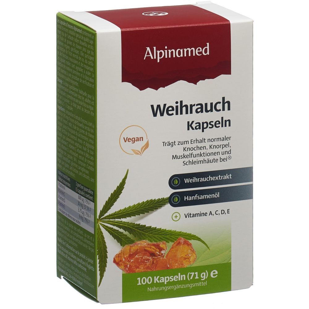 Weihrauch Kapseln in einer Schachtel. Aufschrift: Alpinamed, Vegan, 100 Kapseln. Enthält Weihrauchextrakt, Hanfsamenöl, Vitamine A, C, D, E.