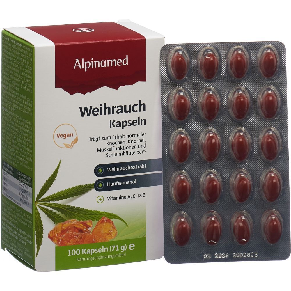 Schachtel mit Weihrauch Kapseln und Blisterpackung. Aufschrift: Alpinamed, Vegan, 100 Kapseln. Enthält Weihrauchextrakt, Hanfsamenöl, Vitamine A, C, D, E.