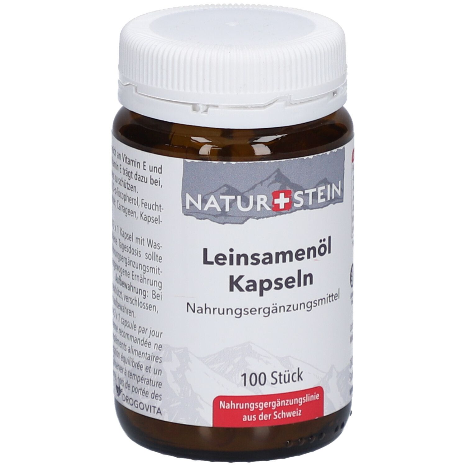 Braune Glasflasche mit weißem Deckel. Etikett mit Produktname, Marke NATURSTEIN und 100 Kapseln. Nahrungsergänzungsmittel.