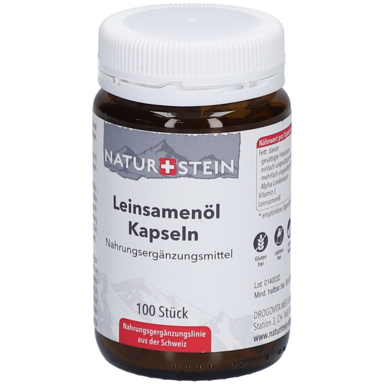 Braune Glasflasche mit weißem Deckel. Etikett mit Produktname, Marke NATURSTEIN und 100 Kapseln. Nahrungsergänzungsmittel. Glutenfrei, laktosefrei.