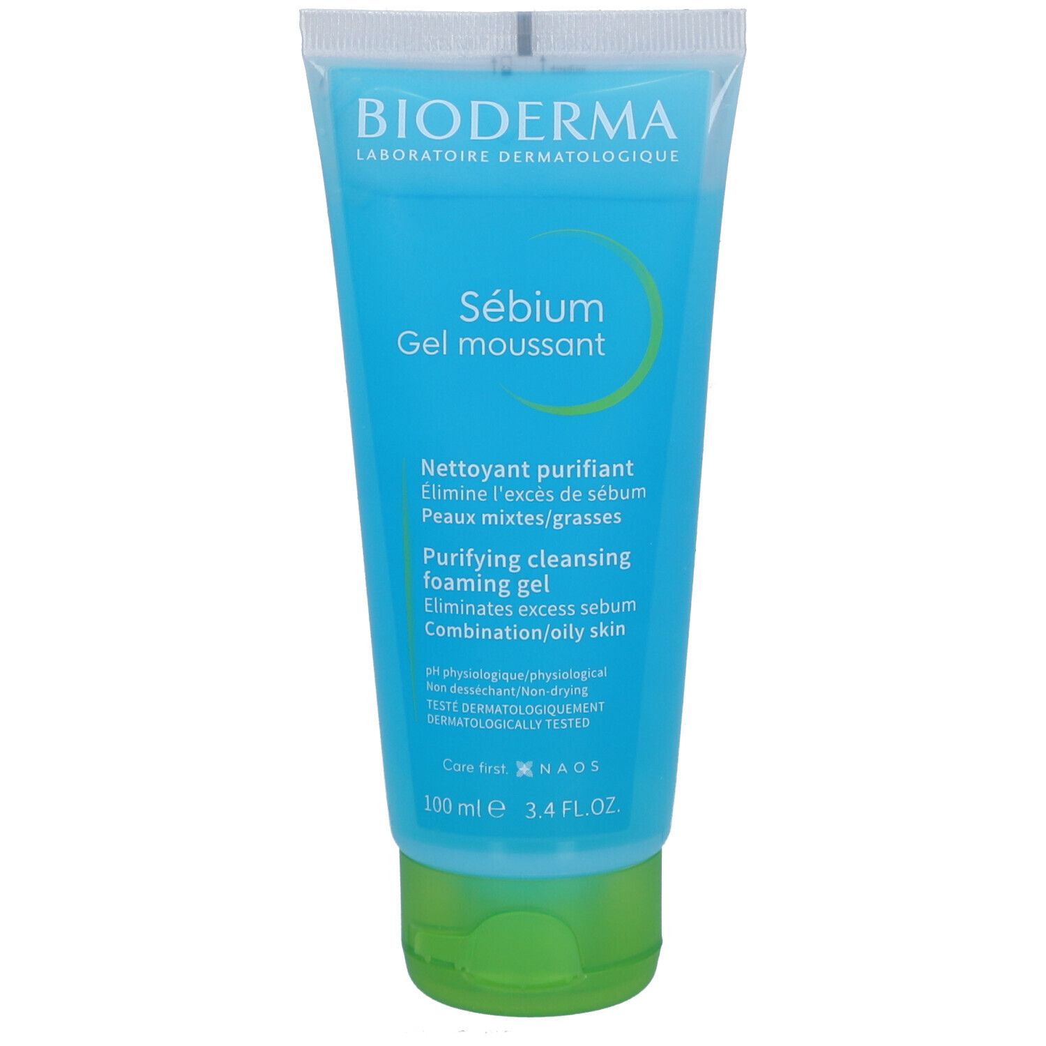 Tube bleu transparent, bouchon vert. Inscription: BIODERMA, Sébium Gel moussant. Texte: Gel nettoyant pour peaux mixtes/grasses.