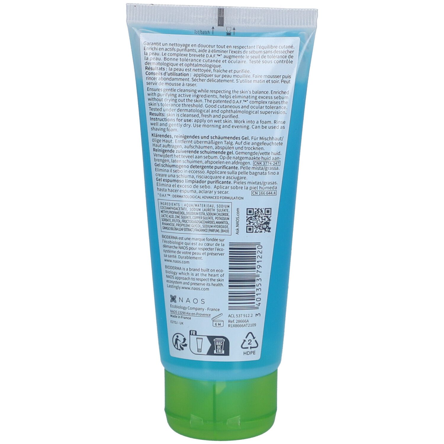 Dos du tube bleu avec texte. Contient des informations sur le produit et la marque BIODERMA. Bouchon vert.