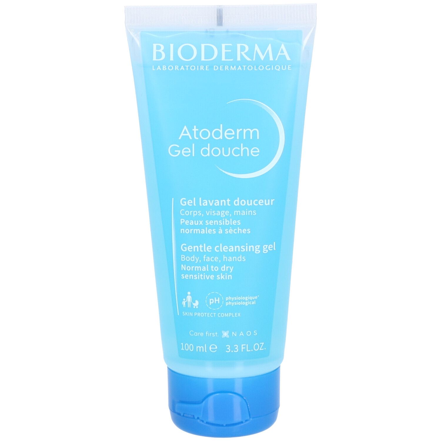 Blau-transparente Tube mit "BIODERMA"-Logo und "Atoderm Gel douche"-Schriftzug. Enthält Text in Französisch und Englisch.