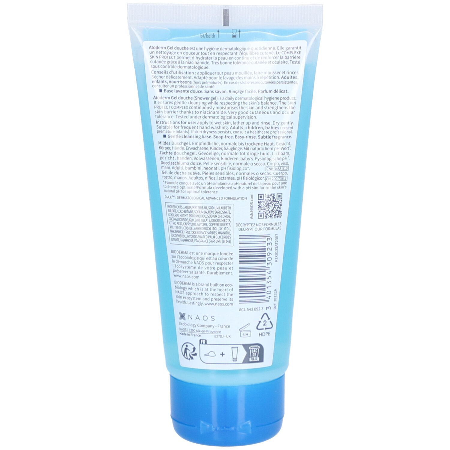 Rückseite der blauen Tube. Enthält Text in mehreren Sprachen, QR-Code und Recycling-Symbol.