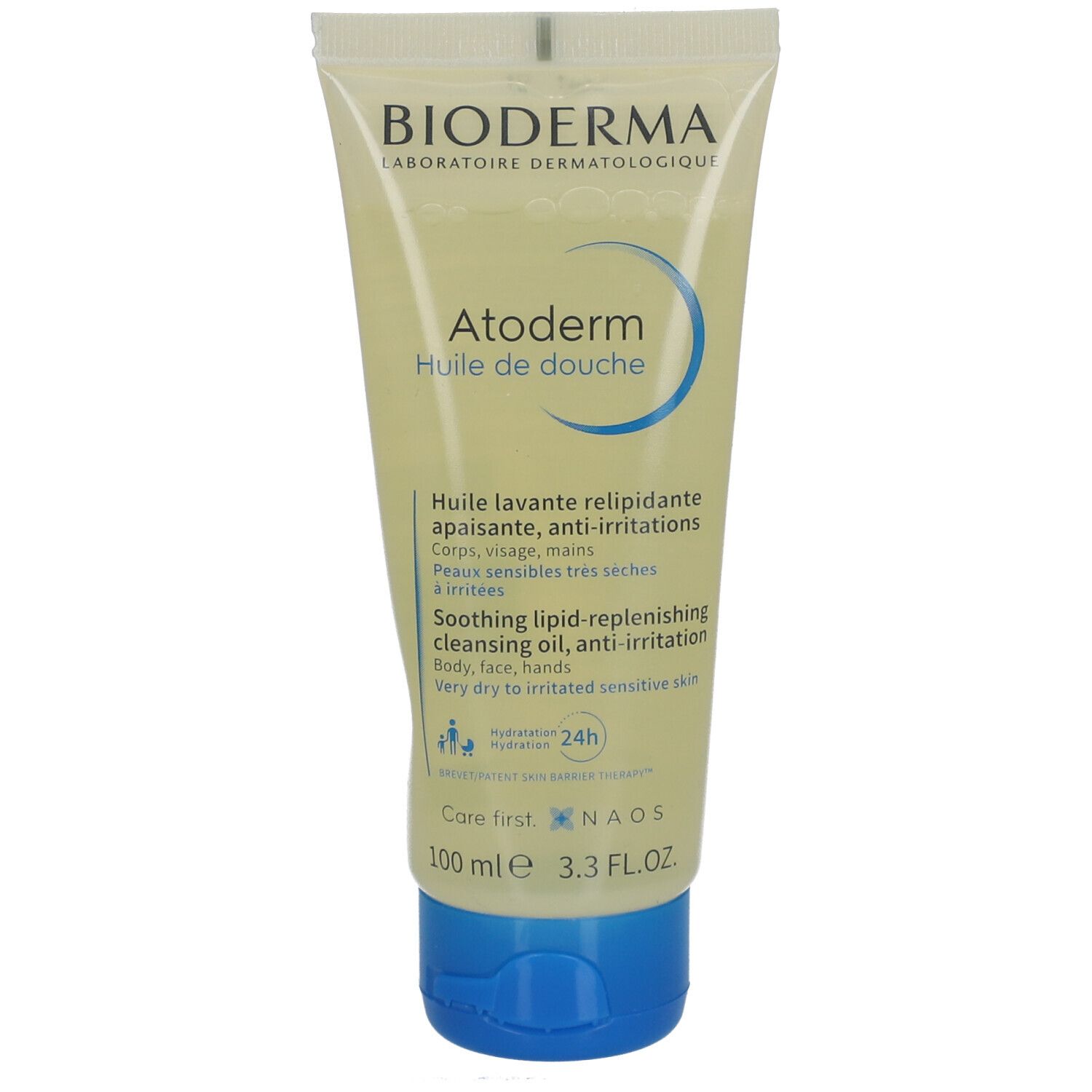 BIODERMA Atoderm Duschöl. Tube mit gelblicher Flüssigkeit. Blaue Kappe. Text: Atoderm, Huile de douche, für empfindliche Haut.