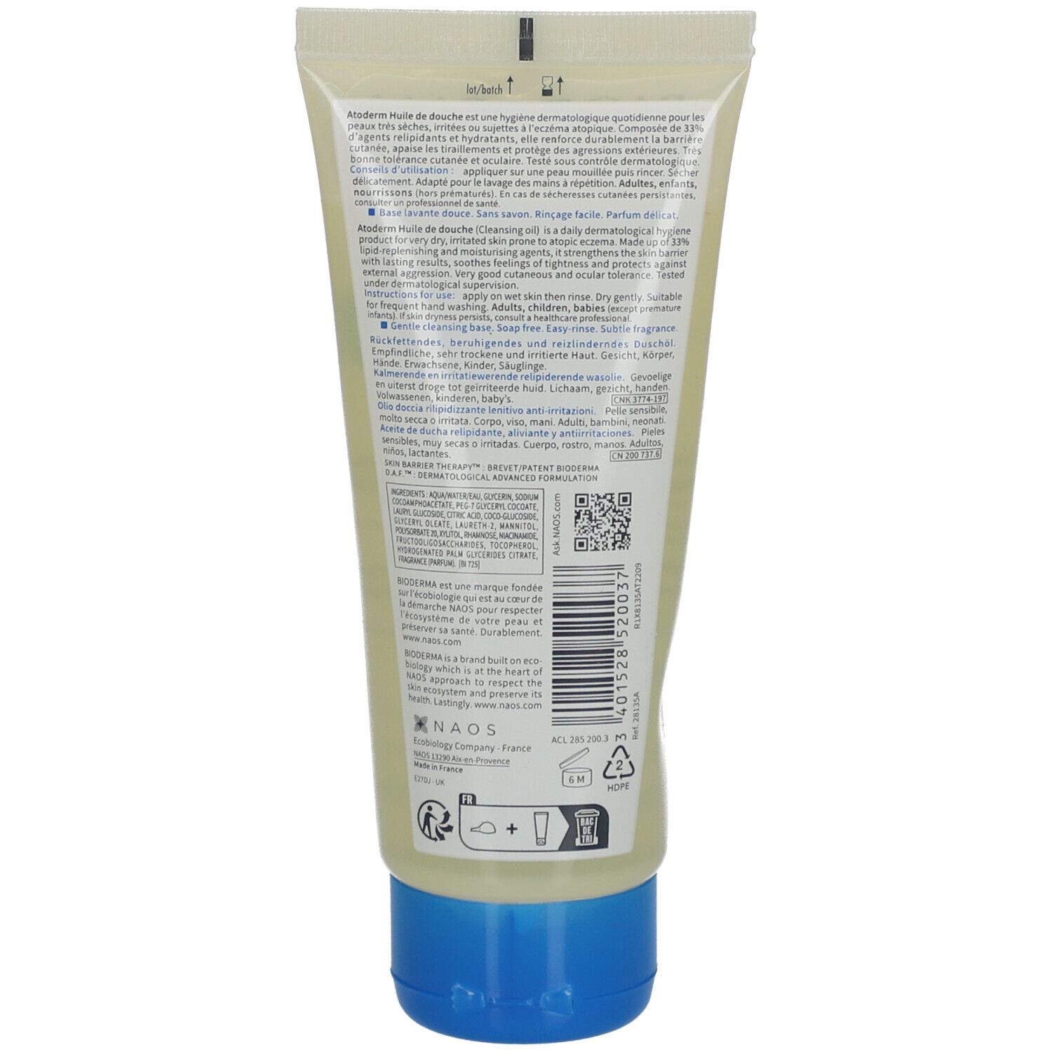 Rückseite der BIODERMA Atoderm Duschöl Tube. Text in mehreren Sprachen. Blaue Kappe. Informationen zur Anwendung und Inhaltsstoffen.