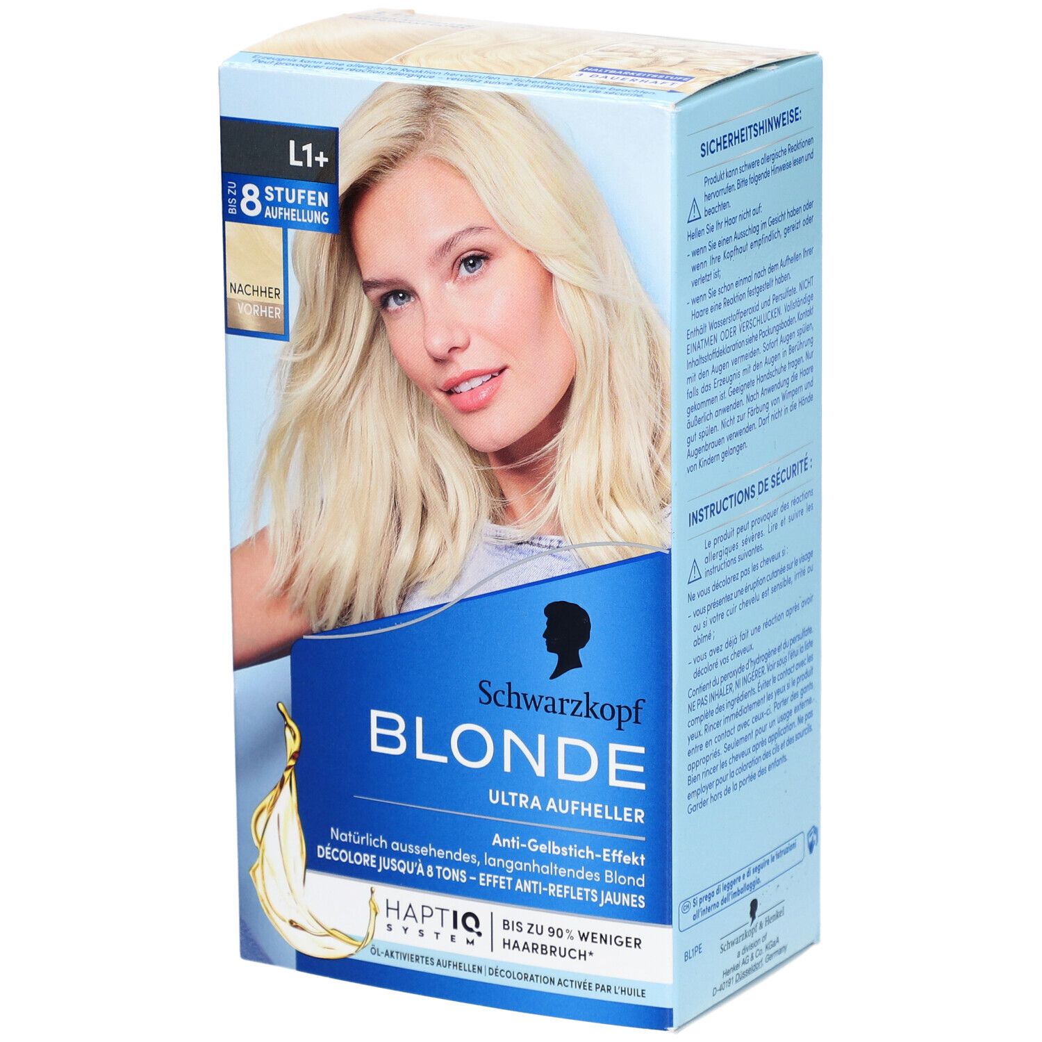 Blonde Haaraufhellungspackung. Frau mit blondem Haar auf der Verpackung. Text: Schwarzkopf Blonde Ultra Aufheller.