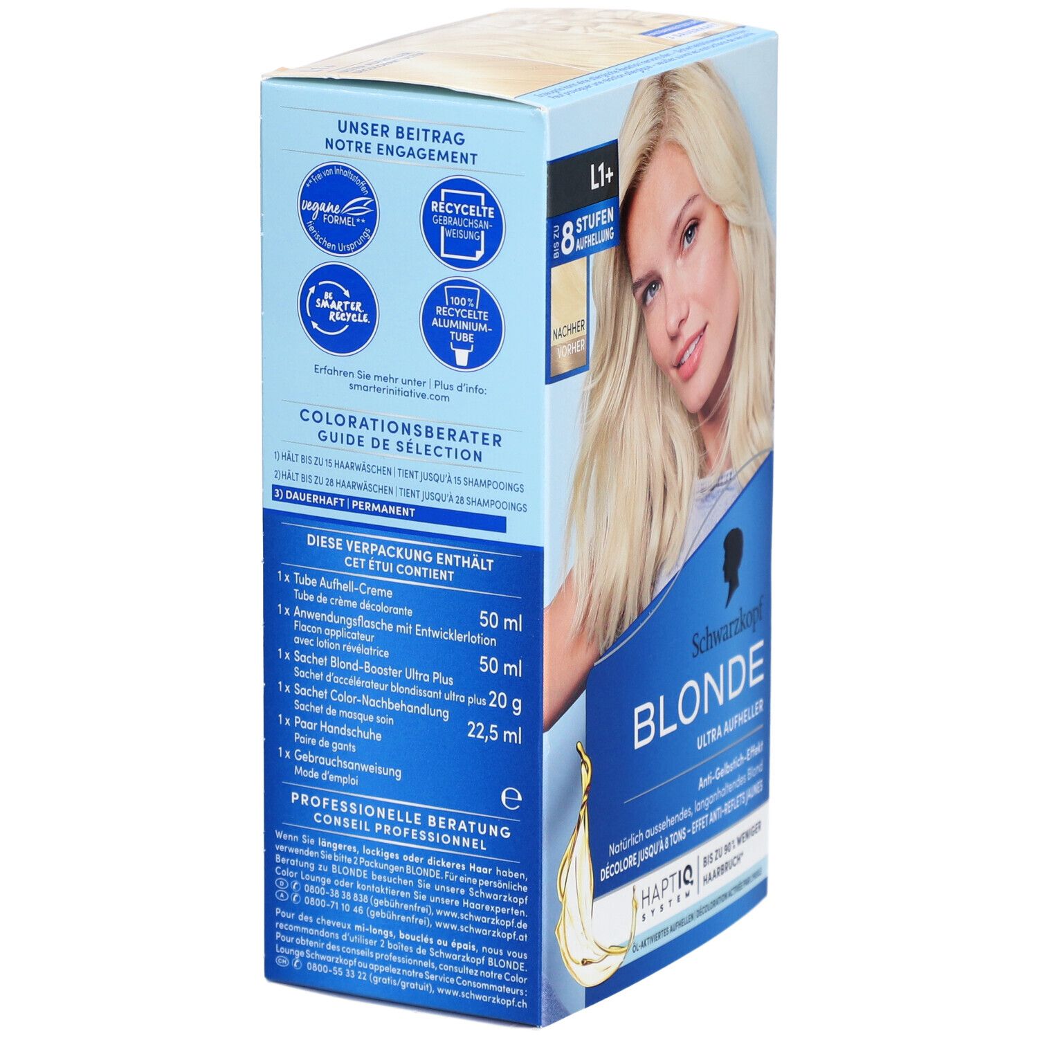Verpackung der Haaraufhellung. Enthält: Creme, Entwickler, Booster, Colorationsberatung. Text: Schwarzkopf Blonde Ultra Aufheller.