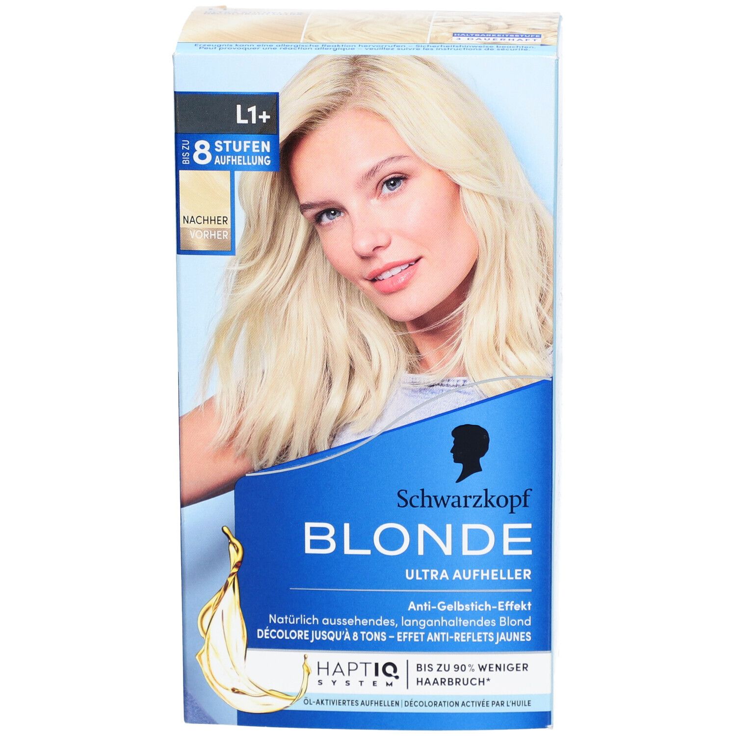 Haaraufhellungspackung. Frau mit blondem Haar auf der Verpackung. Text: Schwarzkopf Blonde Ultra Aufheller.