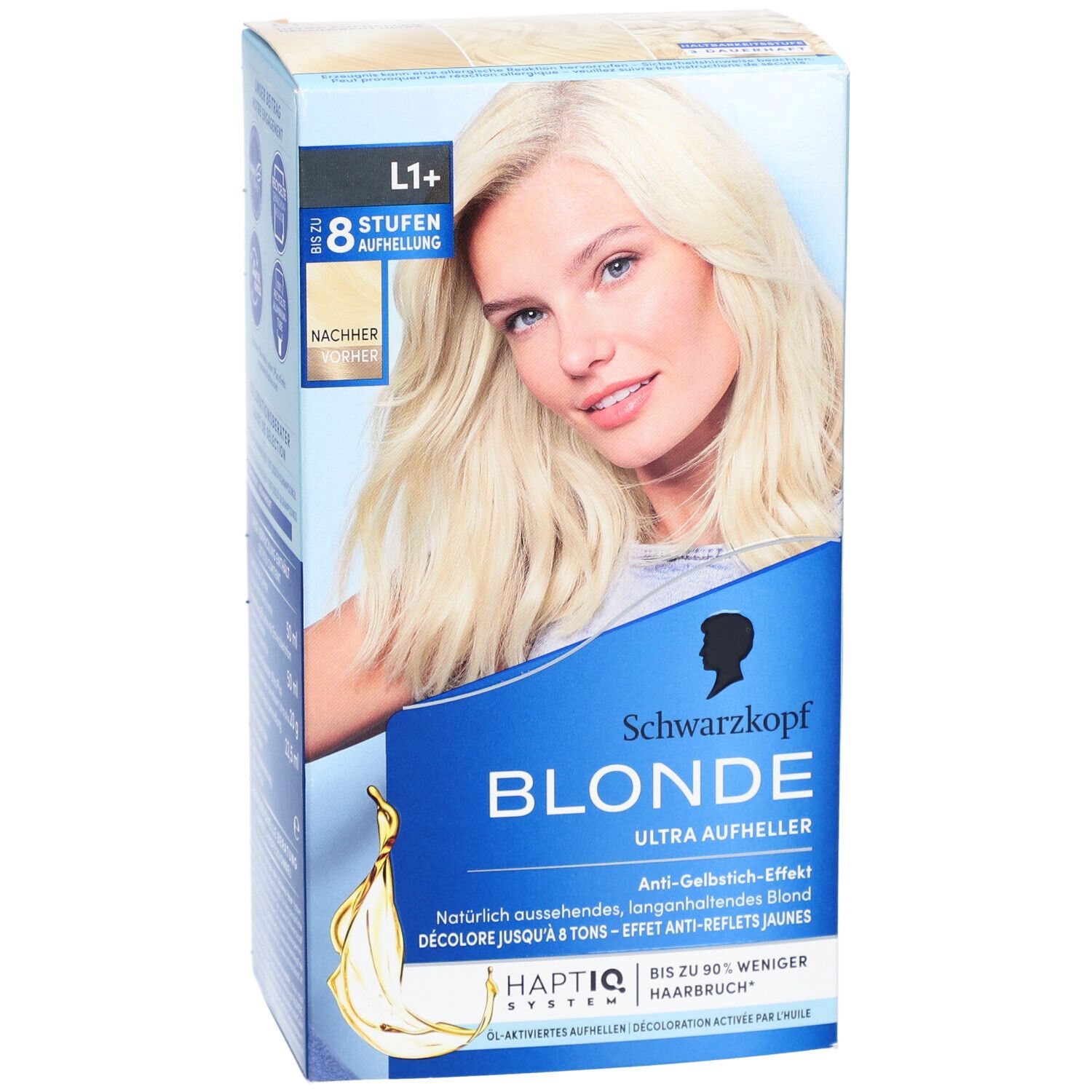 Haaraufhellungspackung. Frau mit blondem Haar auf der Verpackung. Text: Schwarzkopf Blonde Ultra Aufheller.