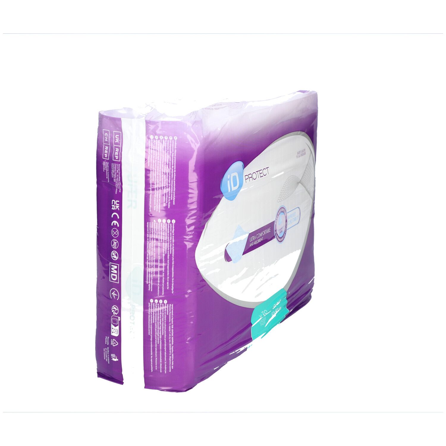 iD Protect Verpackung, Ansicht von der Seite. Lila und weiß. Produktlogo sichtbar.