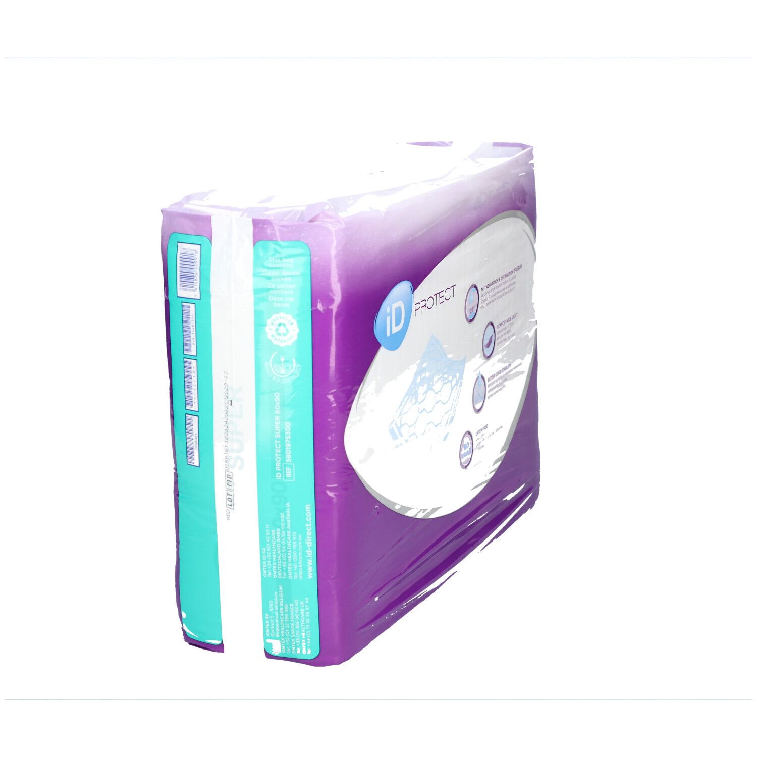 iD Protect Verpackung, schräge Ansicht. Lila und weiß. Produktlogo sichtbar.