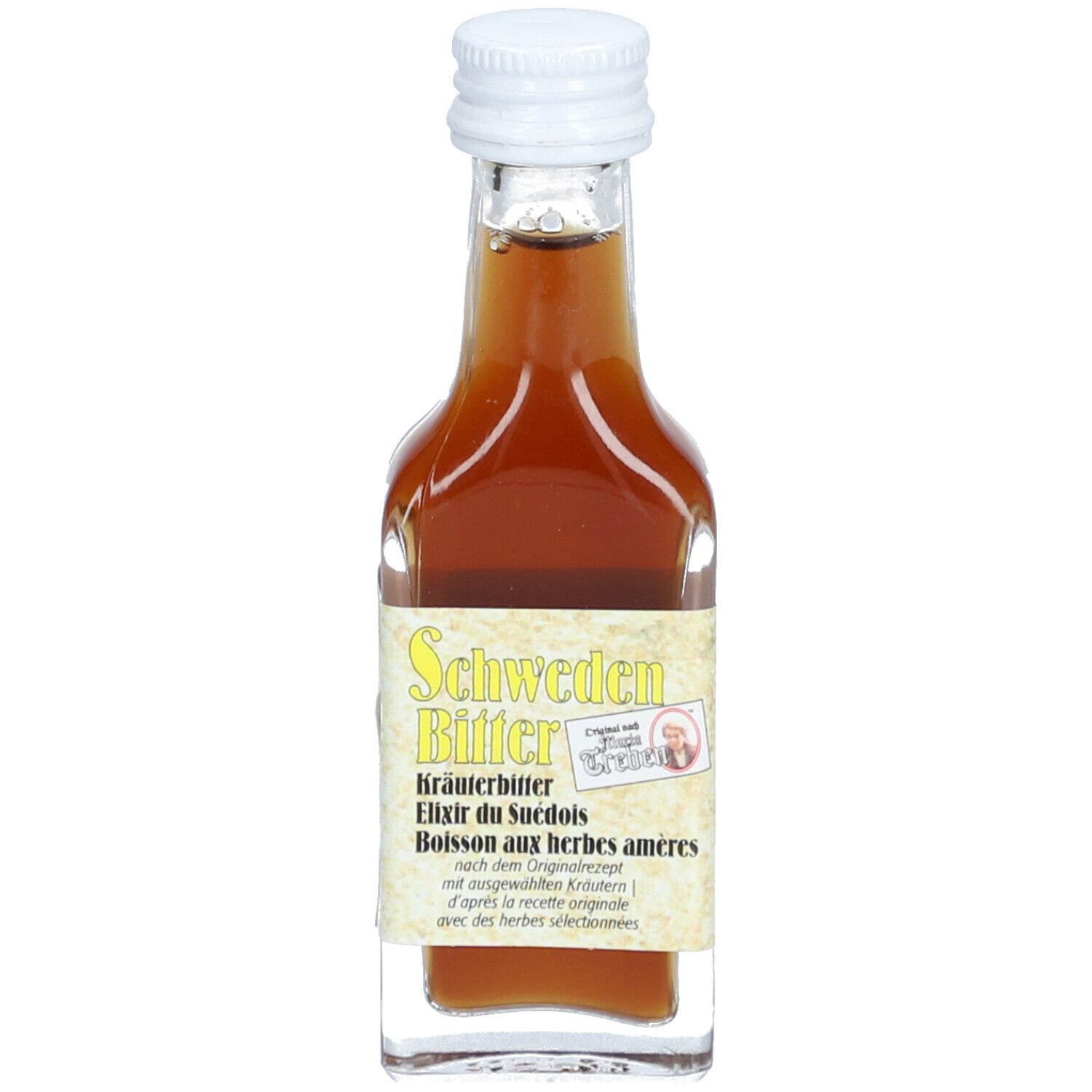 Bouteille en verre de Schweden Bitter. Étiquette avec texte. Bouchon blanc. Contenu ambré.