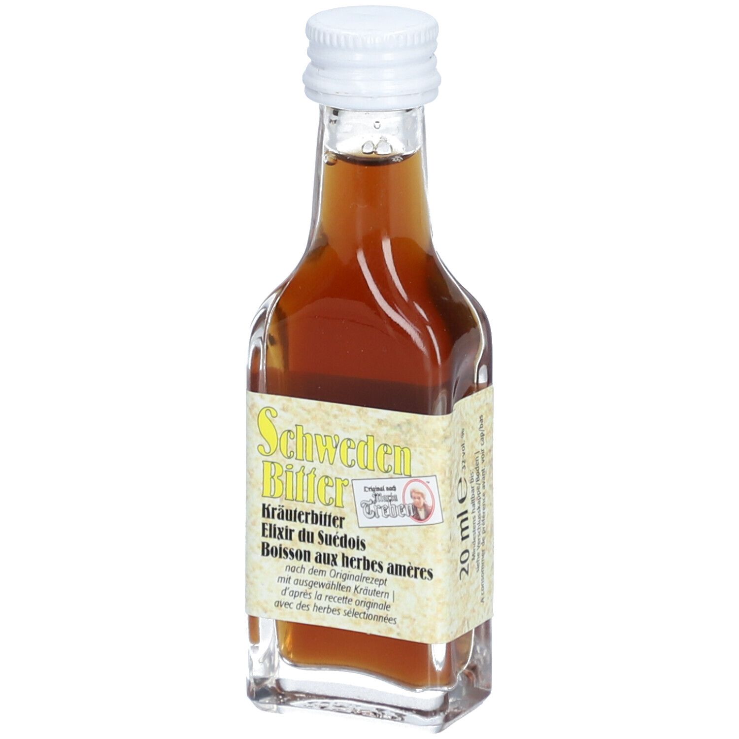 Bouteille en verre de Schweden Bitter. Étiquette avec texte. Bouchon blanc. Contenu ambré. 20 ml.