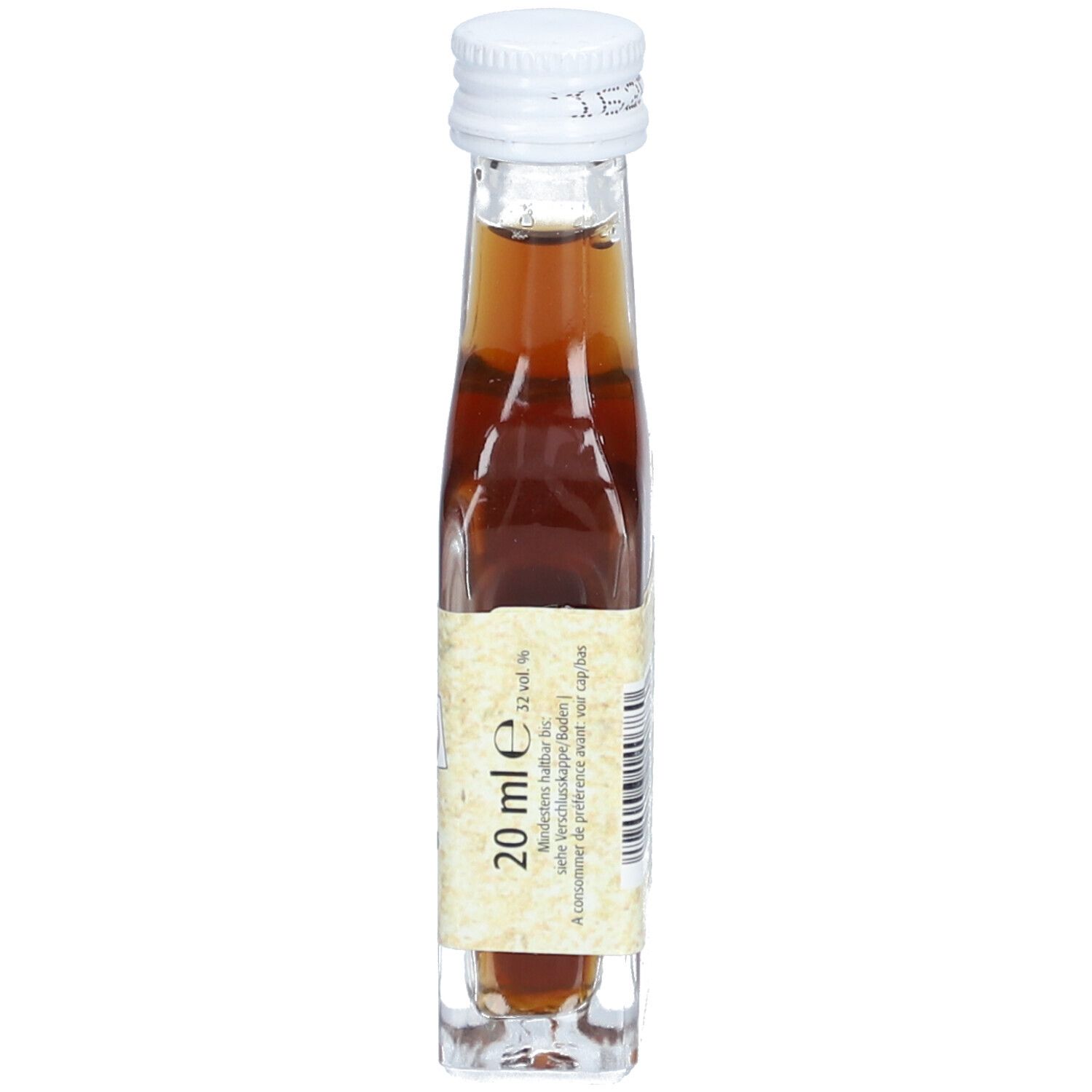 Petite bouteille en verre avec bouchon blanc. Étiquette avec texte et 20 ml. Liquide ambré.