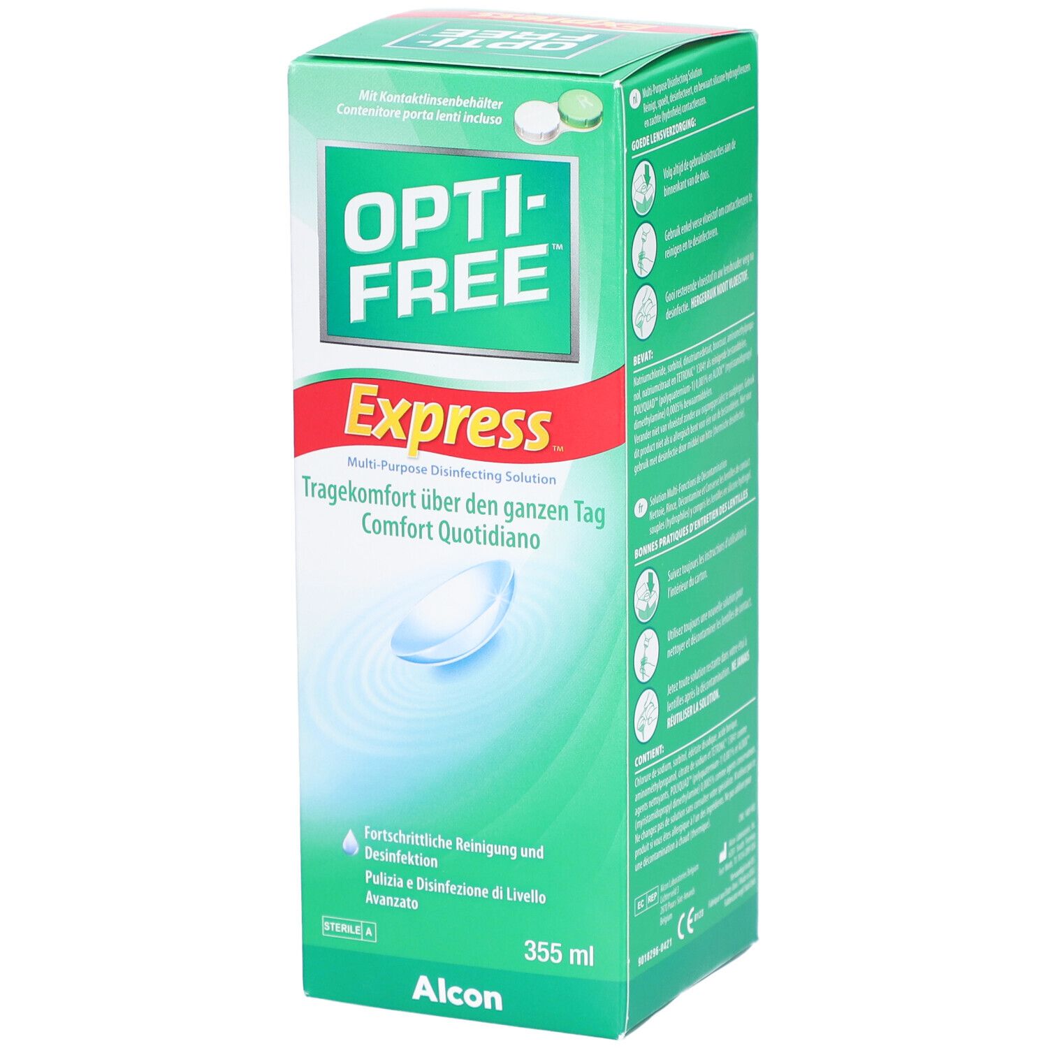 Grüne Schachtel mit "Opti-Free Express". Enthält Kontaktlinsenbehälter. 355 ml. Alcon-Logo unten.