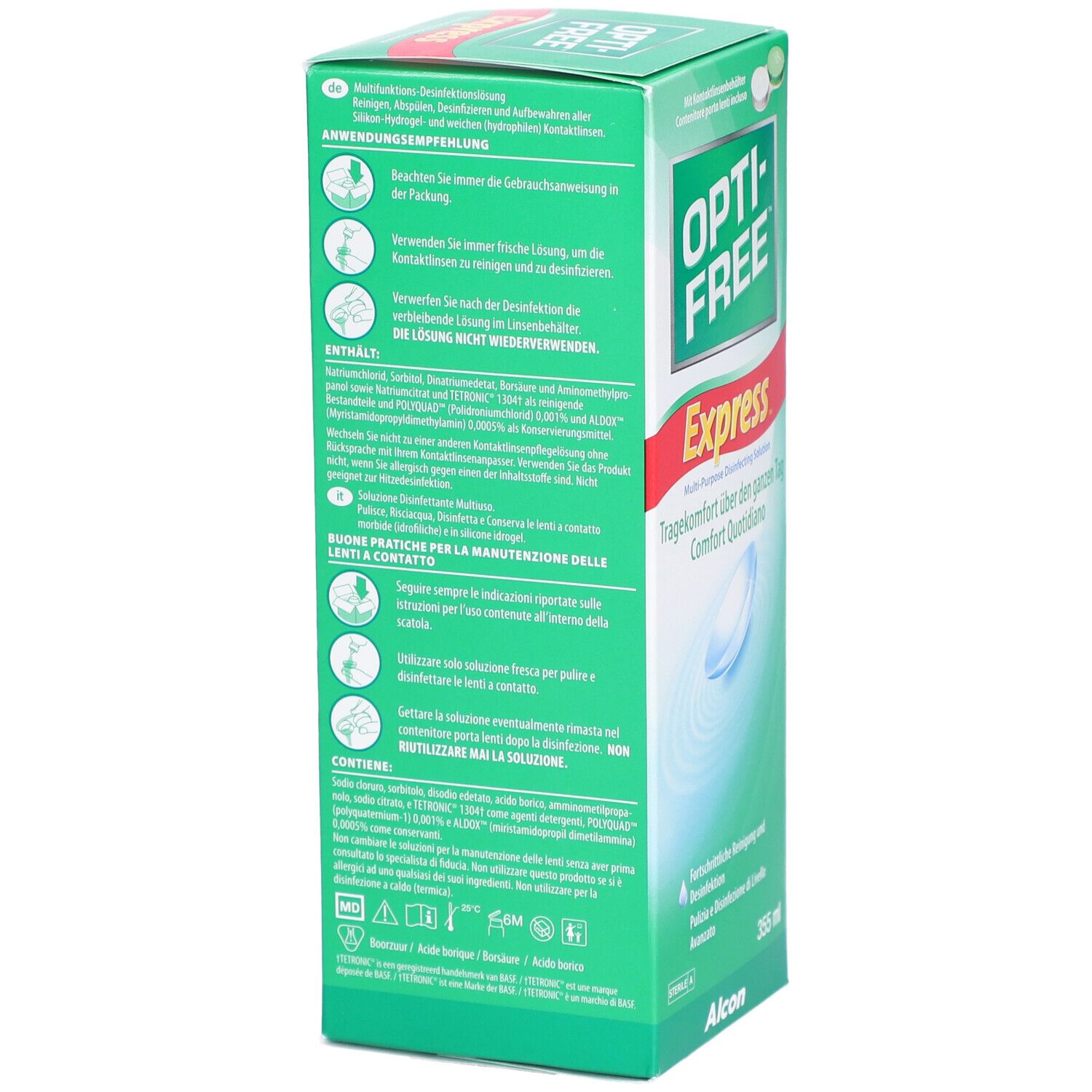 Rückseite der grünen "Opti-Free Express"-Schachtel. Text in Deutsch und Italienisch. Alcon-Logo unten.