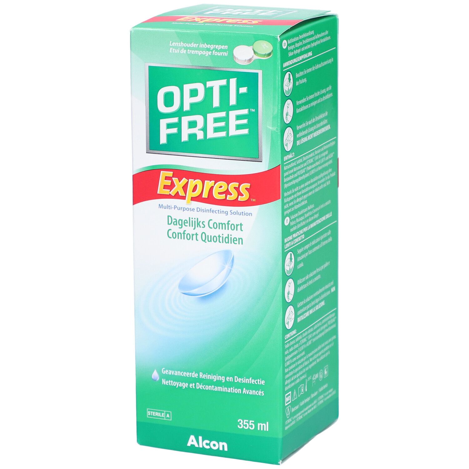 Grüne Schachtel mit "Opti-Free Express". Text in Deutsch, Niederländisch und Italienisch. 355 ml.