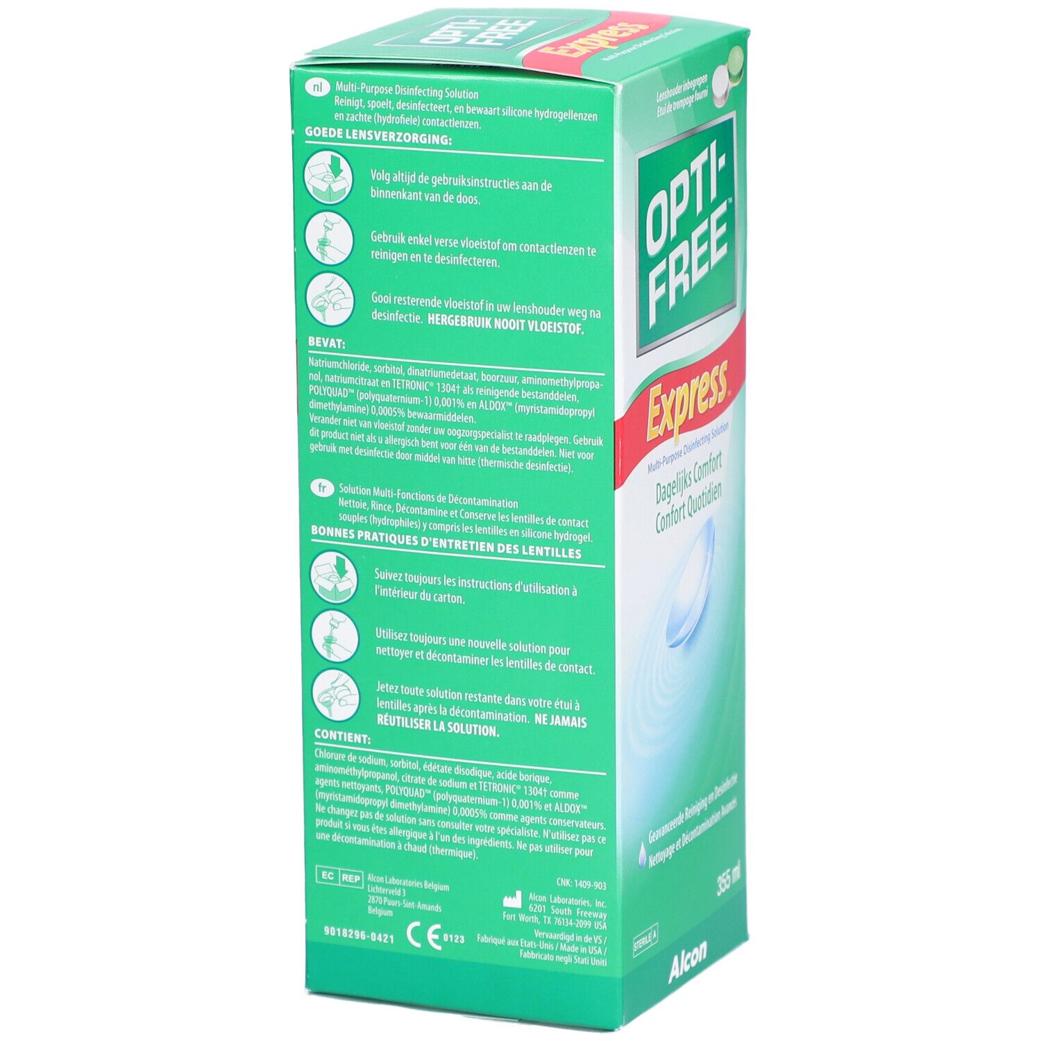 Rückseite der grünen "Opti-Free Express"-Schachtel. Text in Deutsch, Niederländisch und Französisch. 250 ml.