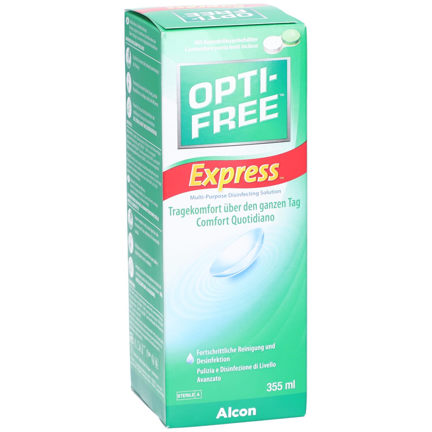 Grüne Schachtel mit "Opti-Free Express". Enthält Kontaktlinsenbehälter. 355 ml. Alcon-Logo unten.