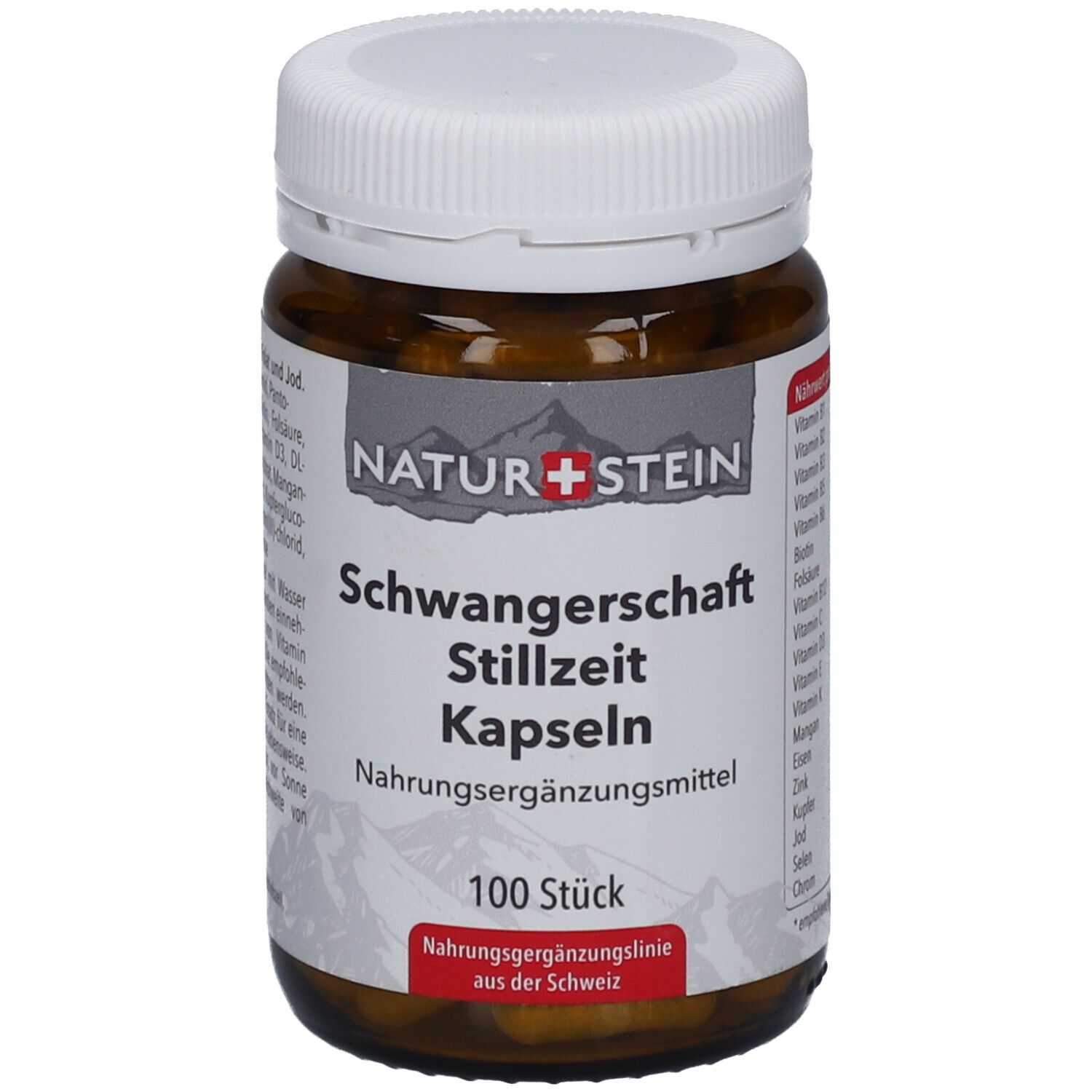 Braune Glasflasche mit weißem Deckel. Aufschrift: NATUR+STEIN Schwangerschaft Stillzeit Kapseln. 100 Stück.