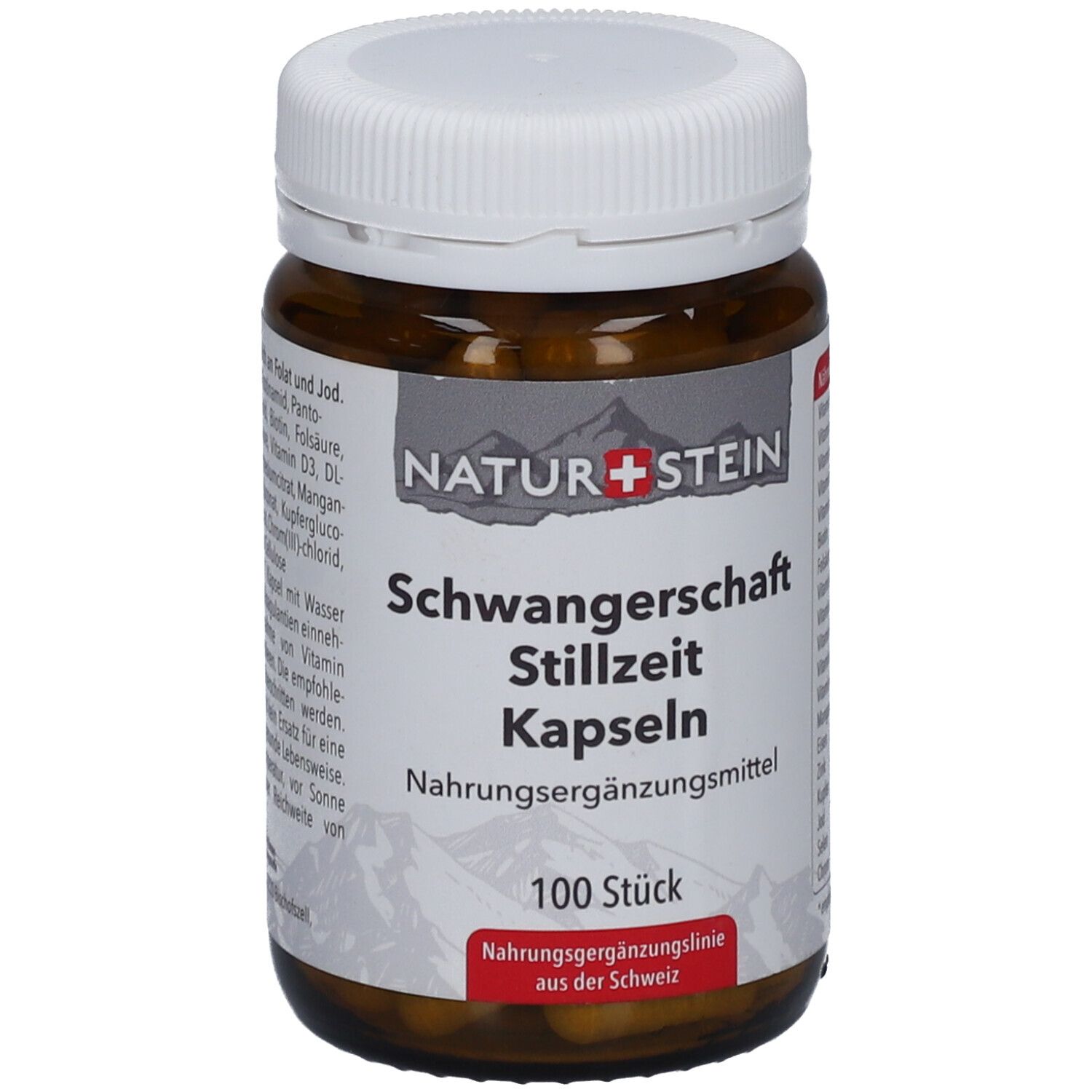 Braune Glasflasche mit weißem Deckel. Aufschrift: NATUR+STEIN Schwangerschaft Stillzeit Kapseln. 100 Stück.