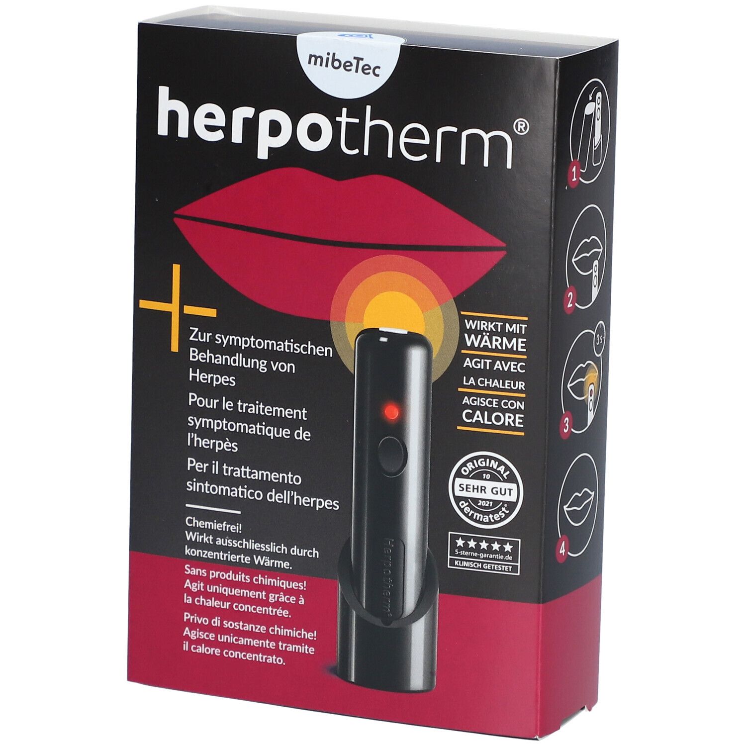 Schwarze Verpackung mit Produktabbildung und Text. Enthält ein Gerät mit roter LED. Text in Deutsch, Französisch, Italienisch.