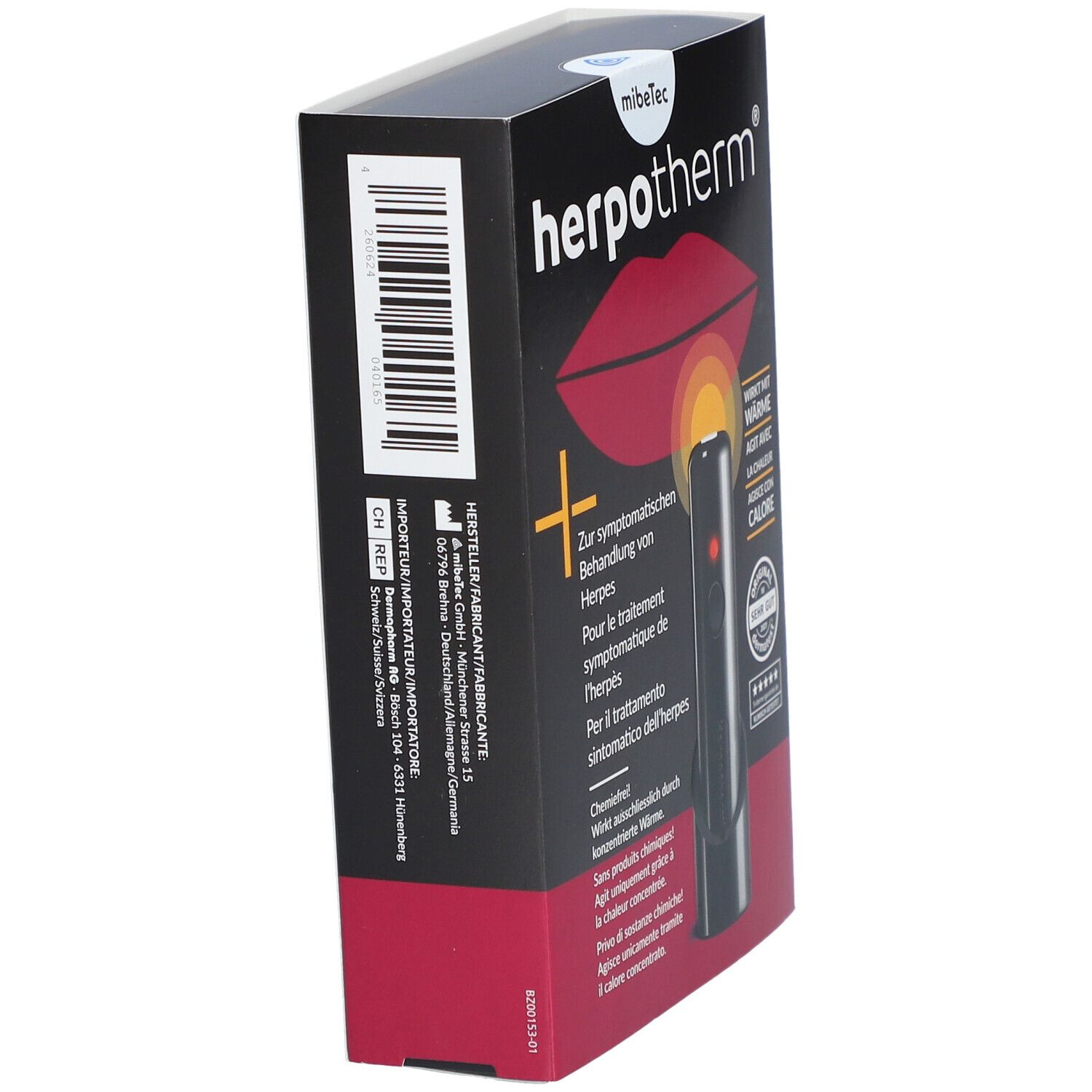 Schwarze Verpackung, schräg. Produktname und Logo sichtbar. Barcode und Herstellerinformationen auf der Seite.