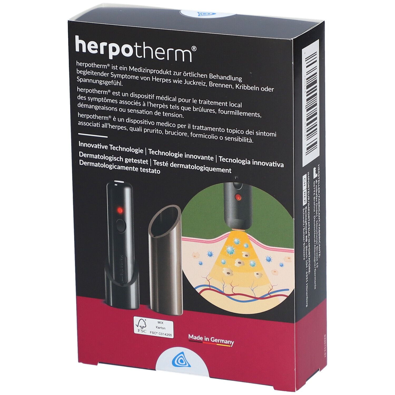 Rückseite der Verpackung. Produktabbildungen und Text in mehreren Sprachen. Dermatologisch getestet.