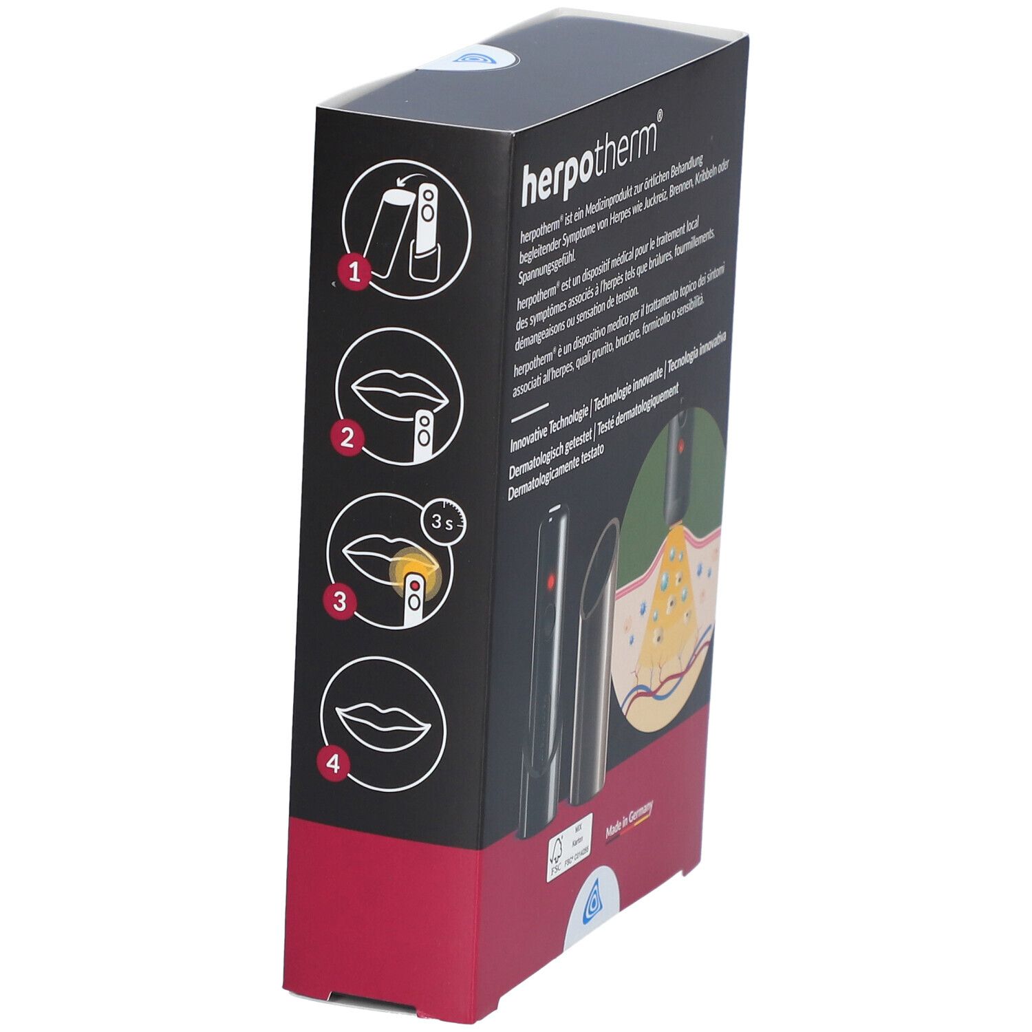 Verpackung mit Illustrationen zur Anwendung. Produktname und Logo. Text in mehreren Sprachen.