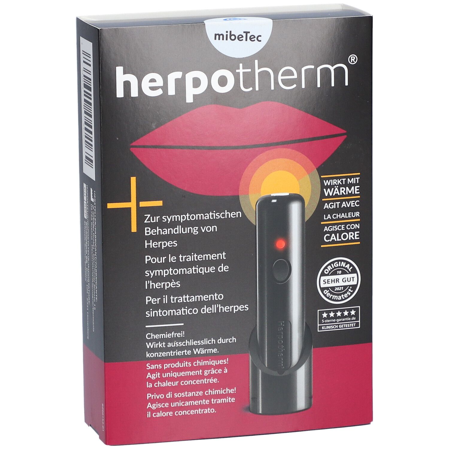 Schwarze Verpackung mit Produktabbildung und Text. Enthält ein Gerät mit roter LED. Text in Deutsch, Französisch, Italienisch.